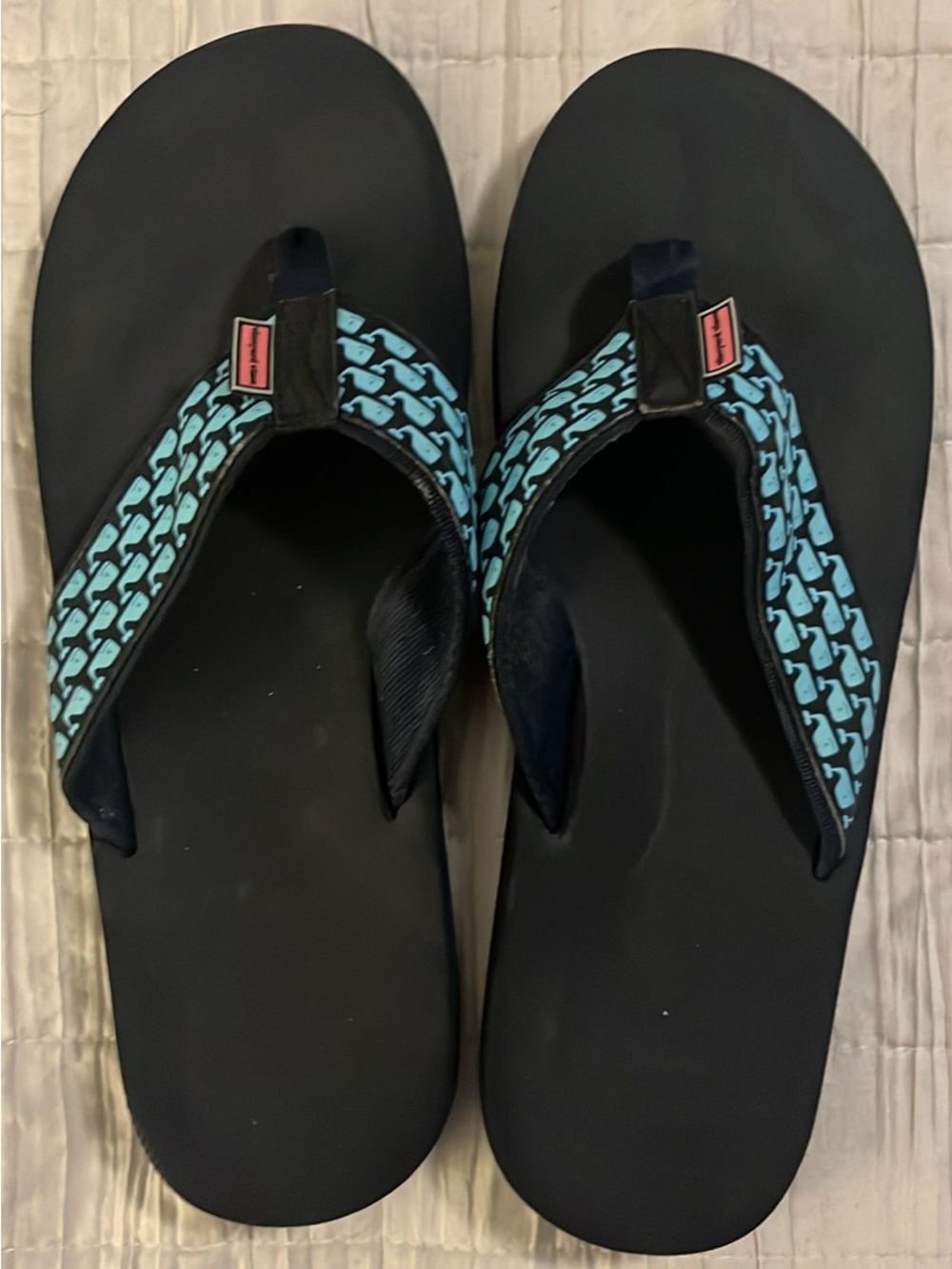 Vineyard Vines Black Flip Flops with Teal Whale-Patterned Straps